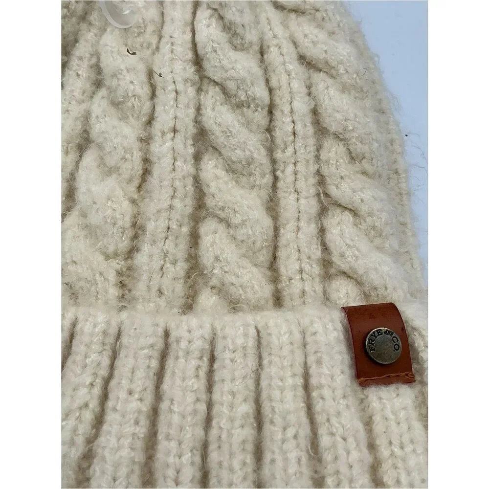 Frye and Co Cream Knit Pom-Pom Beanie and scarf set